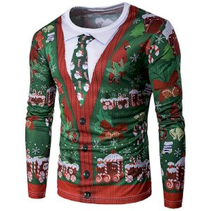 Crew Neck 3D Christmas Tie Costume Faux Twinset Print T-Shirt