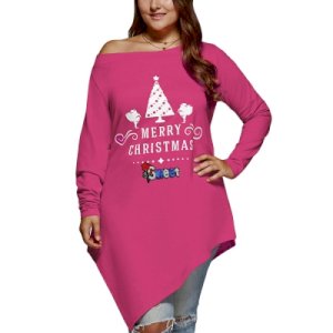 Plus Size Christmas Skew Neck Asymmetrical T-shirt